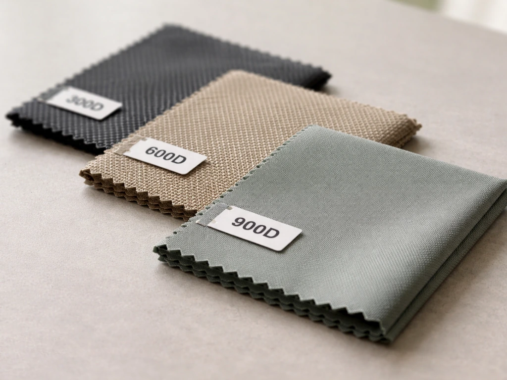 Close-up of patio tent fabric swatches with visible weave and denier-like numbers on small fabric tags