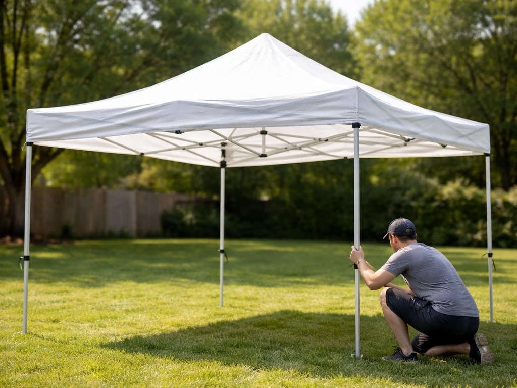 10x10 pop-up canopy tent unfolding and snapping into place in a sunny backyard