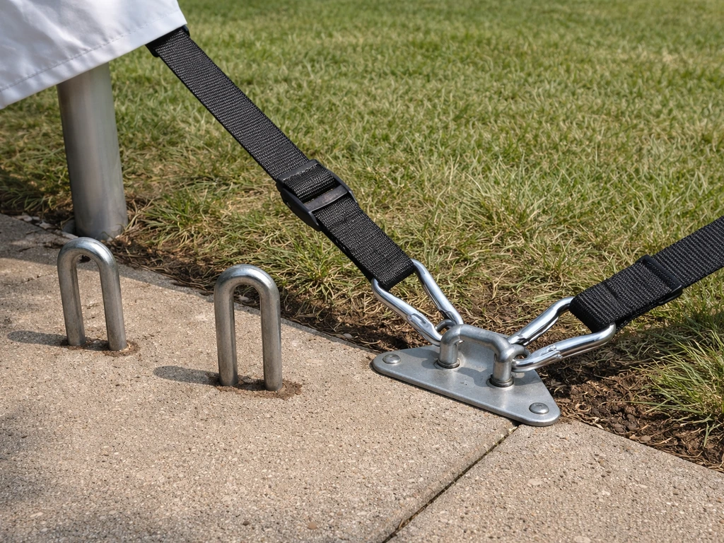 Patio tent anchoring setup showing ground stakes and straps secured to a base tie-down point.