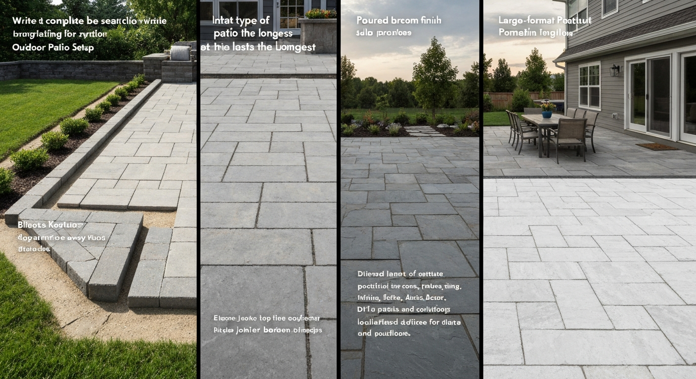 Wide backyard patio showing side-by-side interlocking pavers, poured concrete, bluestone, and porcelain pavers with good drainage and landscaping.