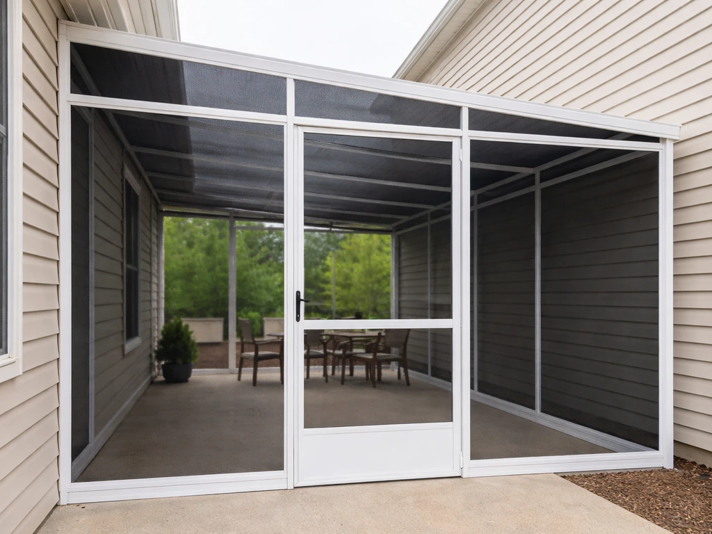 Steel-framed screened patio enclosure attached to a home, showing roofline and screen panels in bright daylight.