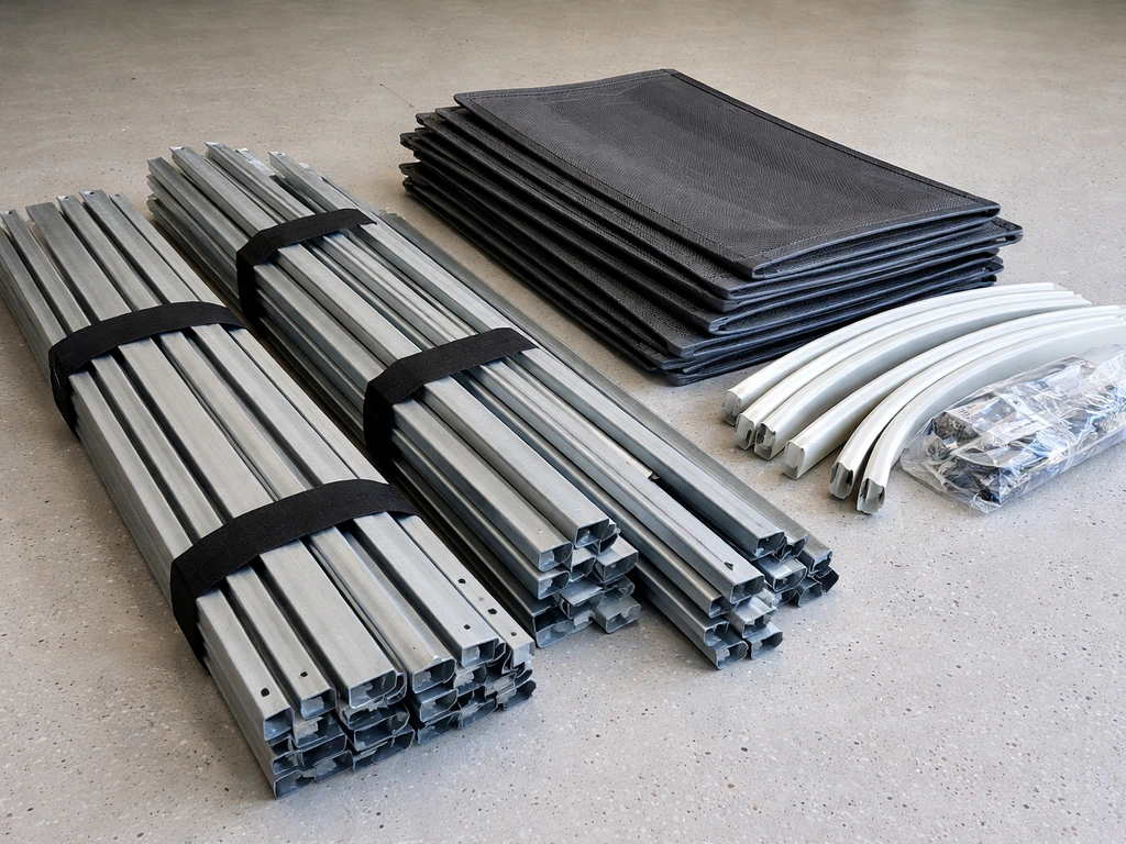 Patio Mate kit parts laid out—galvanized frame bundles, screen panels, and vinyl roof components.