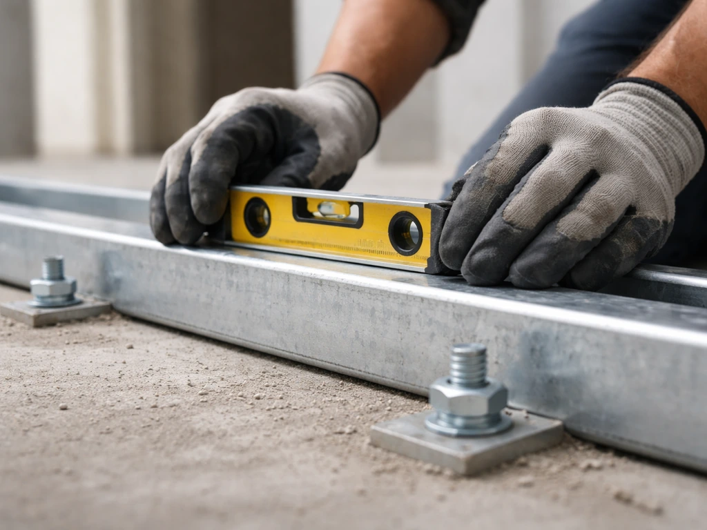 Contractor checks a level spirit level on a base rail with visible anchors on a concrete slab