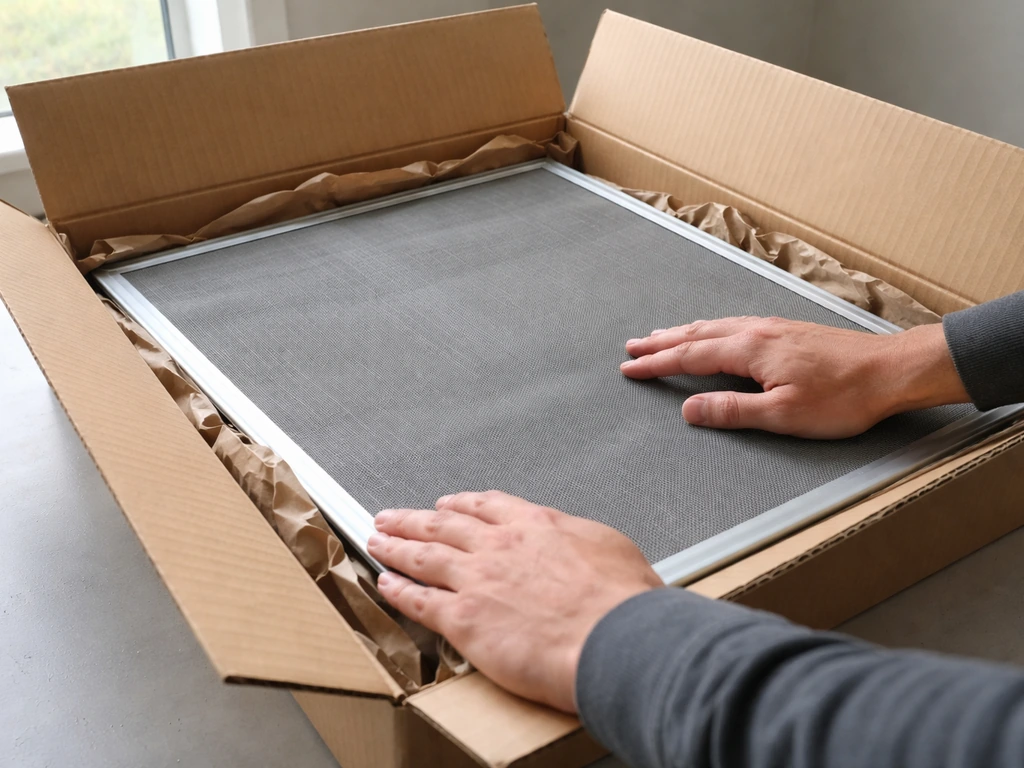 Opened box on a work surface with a fiberglass screen panel laid out and inspected