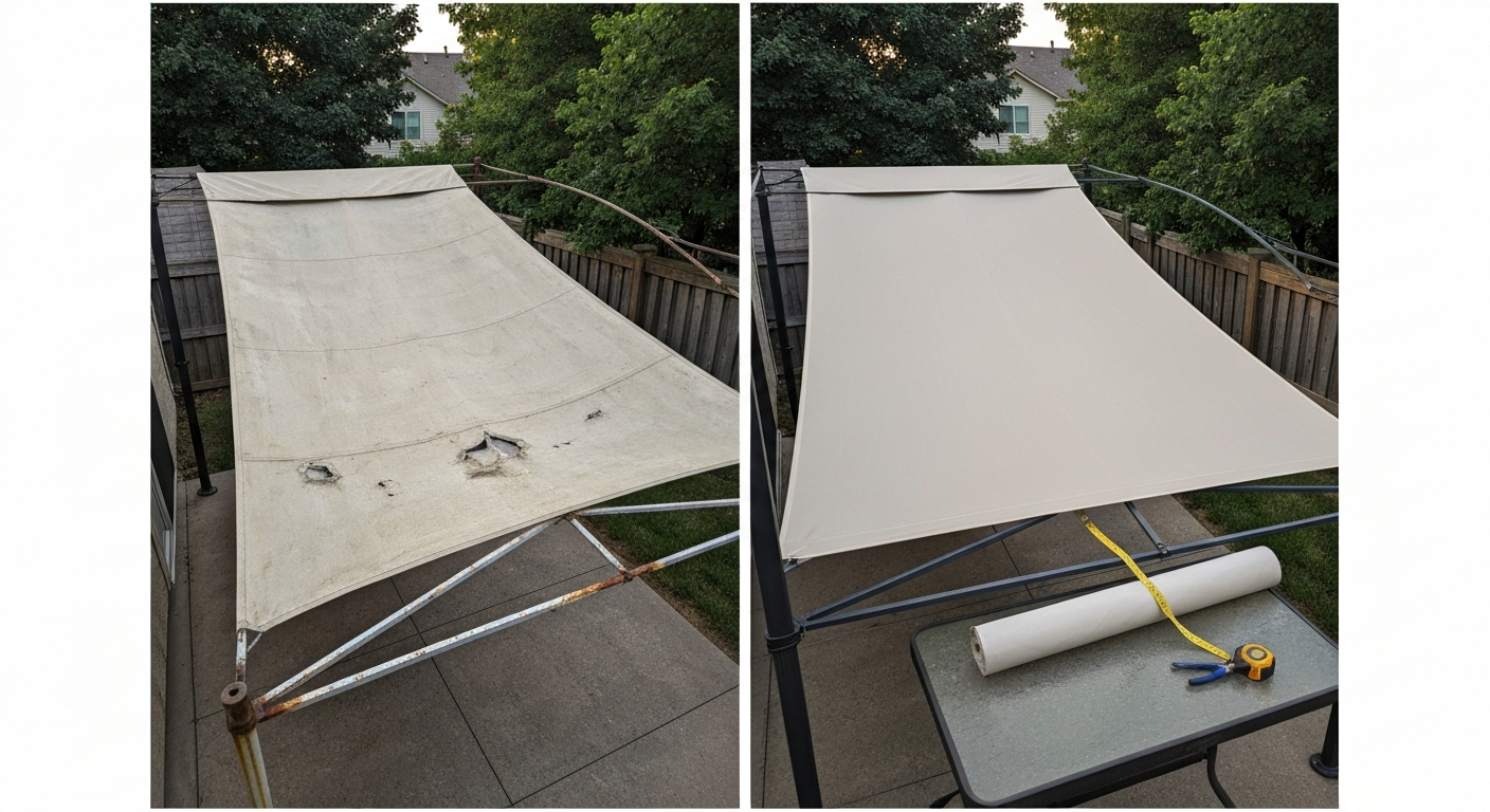 Split view of a backyard patio before and after canopy top replacement: left side shows a faded, sagging, torn canopy; right side shows a new, taut replacement top with tools nearby.